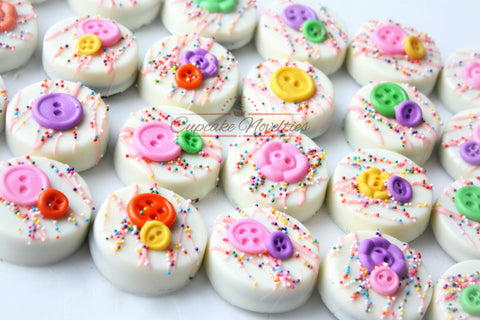 Button Birthday Cute as a Button Baby Shower Cookies Button Cookies Buttons Party Chocolate Oreos Sewing Cookies Seamstress Gift