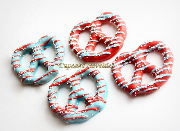 Red White Blue Birthday Party Baby Shower Chocolate dipped Pretzels Cookies Party Favors 4th of July Red White Blue Patriotic Cat Party