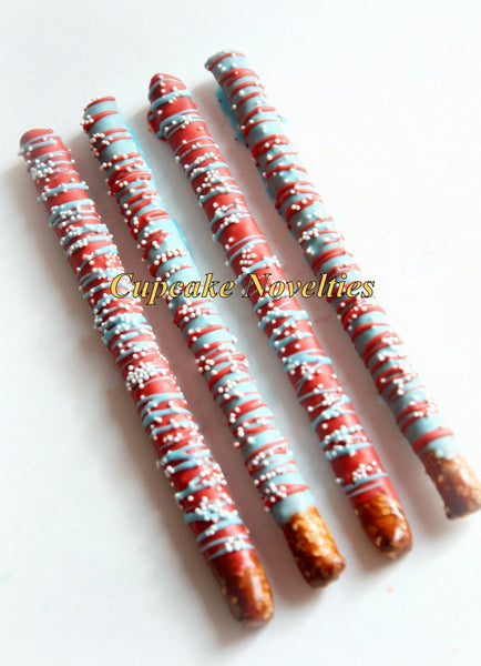Red White Blue Birthday Party Baby Shower Chocolate dipped Pretzels Cookies Party Favors 4th of July Red White Blue Patriotic Cat Party