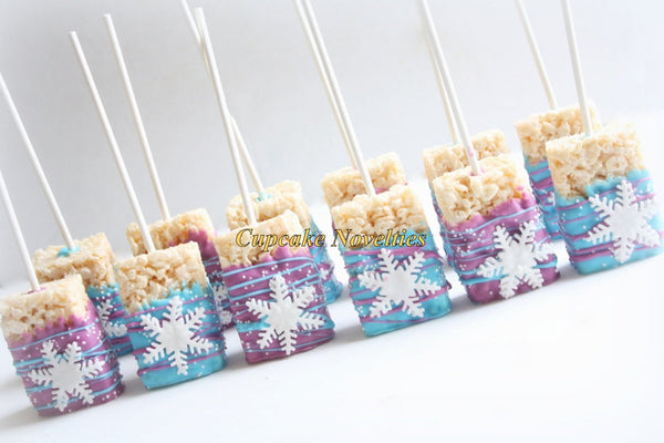 Snowflake Birthday Snowflakes Chocolate dipped Rice Krispie Treats Winter Snowflake Rice Krispie Winter Wonderland Winter Party Favor