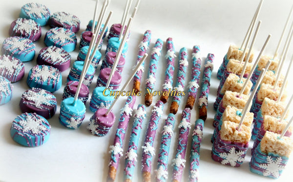 Snowflake Birthday Snowflakes Chocolate dipped Rice Krispie Treats Winter Snowflake Rice Krispie Winter Wonderland Winter Party Favor