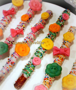 Lalaloopsy Birthday Gourmet Chocolate dipped Pretzels Cookies Party Favors Classroom Treats Dessert Table Buttons Bows Blossom Sprinkles