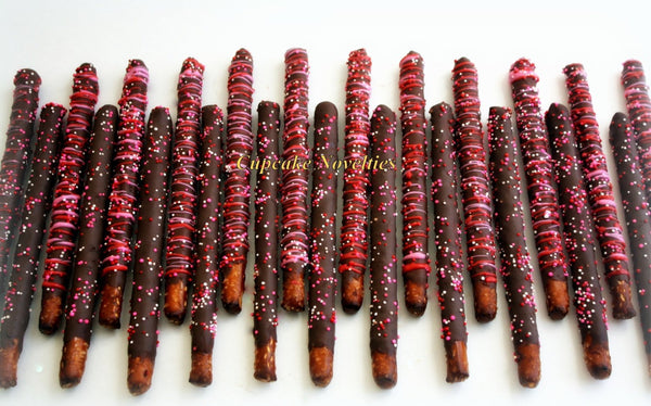 Brown Pink Sweet Shop Candy Shop Birthday Chocolate dipped Pretzels Dessert Table Cupcake Party Favor Classroom Treats Edible Gift Sprinkles