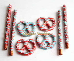 Red White Blue Birthday Party Baby Shower Chocolate dipped Pretzels Cookies Party Favors 4th of July Red White Blue Patriotic Cat Party