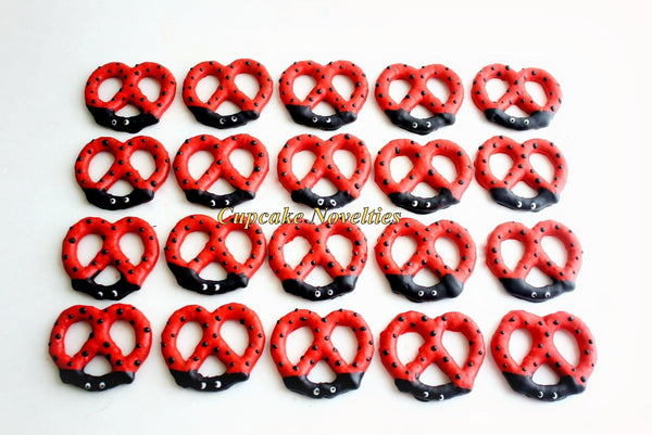 Ladybug Birthday Party Favors Dessert Chocolate dipped Pretzels Custom Valentine&#39;s Day Edible Gifts Cookies Baby Shower Cute Party Ideas