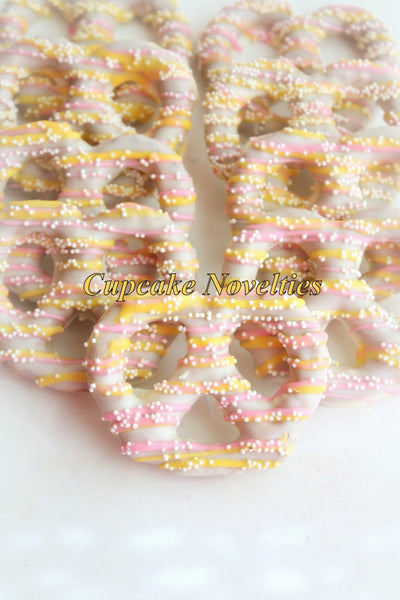 Pink Yellow White Chocolate Dipped Pretzels Birthday Baby Shower Favors Kitty Birthday Spring Cookies Pastel Colors Spring Bridal Shower