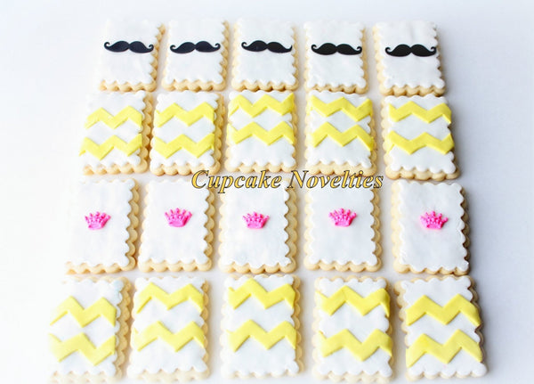 Mustache Cookies Tiaras Cookies Mustache Birthday Baby Shower Little Man Princess Birthday Crown Pink Yellow Chevron Cookies Edible Favors