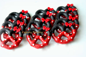 Red Black Birthday Party Favors Girl Mouse Cookies Red Black Chocolate Pretzels Polka Dot Bow Dessert Red Black Polka Dot Girl Birthday Idea