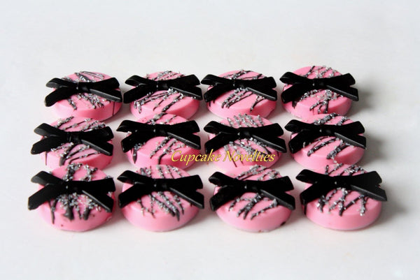 Bow Cookies Paris Birthday French Party Chocolate Oreos Cookies Parisian Pink Black Party Favor Bachelorette Bridal Shower Baby Shower Ideas
