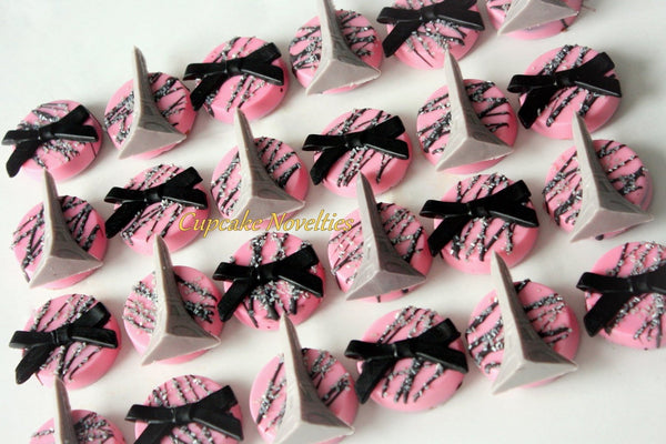Bow Cookies Paris Birthday French Party Chocolate Oreos Cookies Parisian Pink Black Party Favor Bachelorette Bridal Shower Baby Shower Ideas