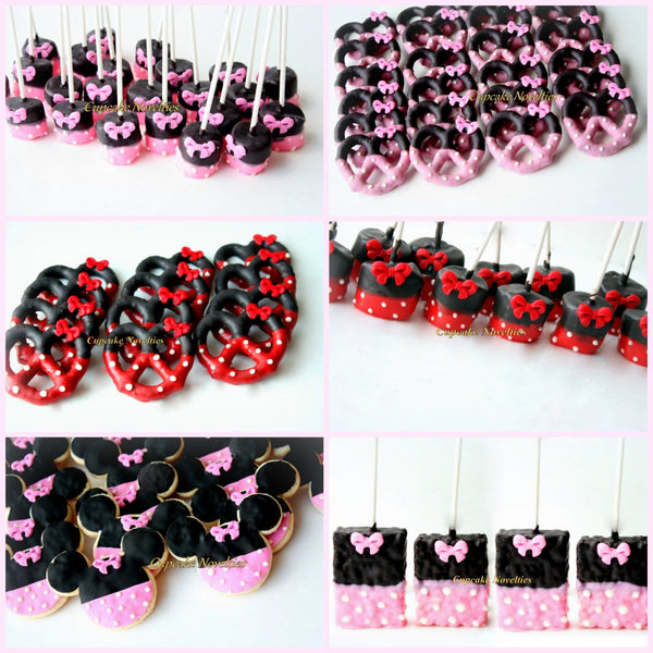 Red Black Birthday Party Favors Girl Mouse Cookies Red Black Chocolate Pretzels Polka Dot Bow Dessert Red Black Polka Dot Girl Birthday Idea